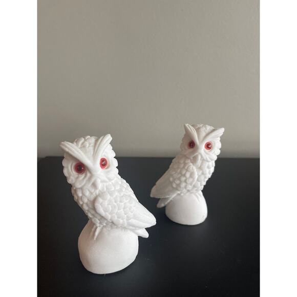 Pair of Vintage Italian Alabaster Snow Owl Sculptures - White Salt Stone - Picture 2 of 10